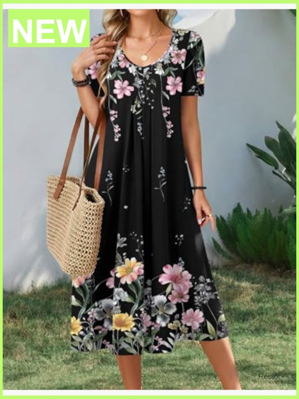 Women's Floral Midi Sundress with Pockets V Neck Short Sleeve Pleated A-Line - Picture 2 of 7